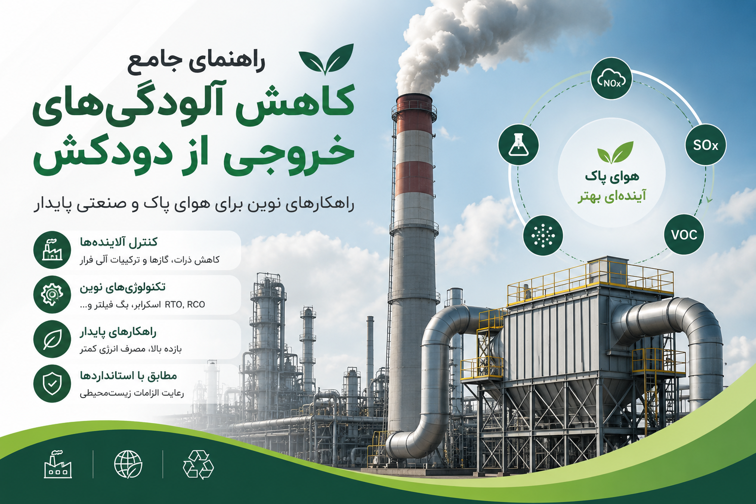 سیستم تصفیه هوای صنعتی برای کاهش آلودگی‌های خروجی دودکش با استفاده از فناوری‌های نوین کنترل آلاینده‌ها شامل RCO، RTO، اسکرابر و بگ فیلتر